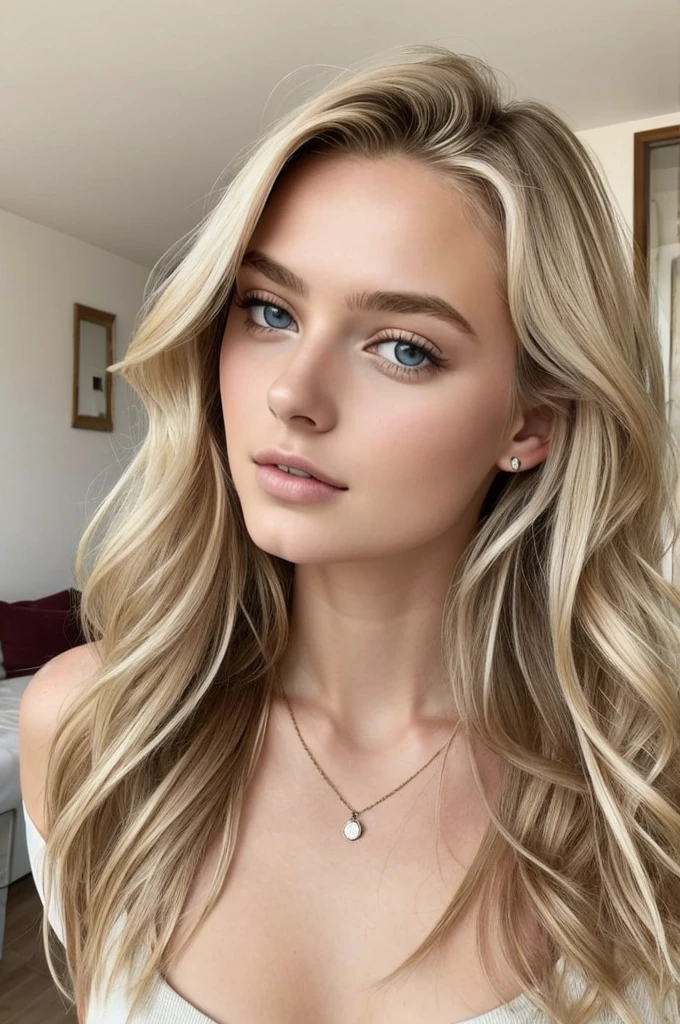 1 fille dans, 19 ans, seulement, cheveux longs, Colossal , regarder le spectateur, cheveux blond, épaules nues, yeux marrons, bijoux, Tout le corps, un collier, hors des épaules, Chandails, réaliste, Un sexy