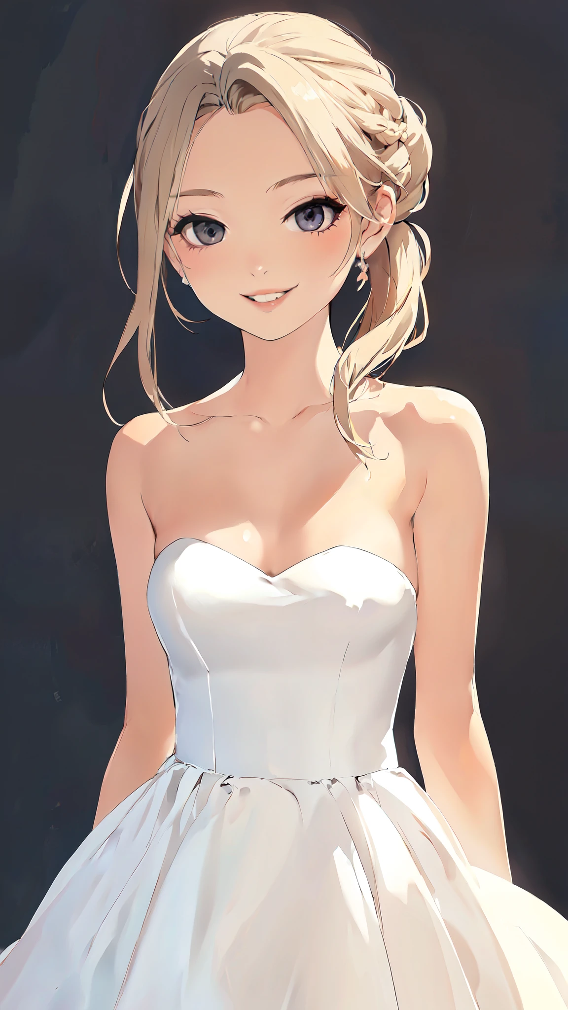 solo, 1girl, strapless, bride dress, simple background, seductive smile, middle breasts, middle hair, dark blonde, pony tail