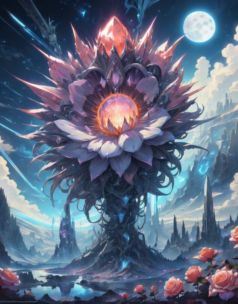 Wide-ranging landscape photos , (The view from below，Above is the sky，There is an open field below), Boy standing in the flower field looking up (Full Moon:1.2), ( meteor:0.9), (nebula:1.3), Distant Mountains, Tree fracture making art, (Warm light source:1.2), (firefly:1.2), lamp, Lots of purple and orange, Intricate details, Volumetric LightingBREAK (masterpiece:1.2), (best quality), 4K, Extremely detailed, (Dynamic Synthesis:1.4), Very detailed, Colorful Detailed,( Rainbow Colors:1.2), (Luminous lighting, Atmospheric lighting), Dreamy, magic, (Solitary:1.2