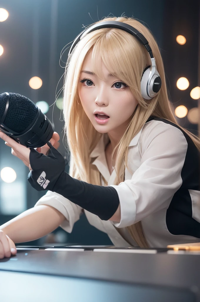 "Blonde Japanese woman, resembling Happy Sakura, elegant and captivating appearance, intricate details, high quality, (luxury:1.4), ultra-realistic 8K, perfect face, beautiful expression, beautiful eyes, blonde hair, model pose, ultra-realistic 4K, highest image quality, natural light, natural background, stylish clothing, professional artwork, modern style, clean and sophisticated look, holding a microphone and singing, female DJ wearing headphones, operating music equipment" "Blurry image, low resolution, unnatural pose, unbalanced face, noise, excessive editing, inappropriate lighting, anime style, cartoon style, non-realistic texture, excessive saturation, artificial expression, abnormal proportions, unnatural background, low-quality details"