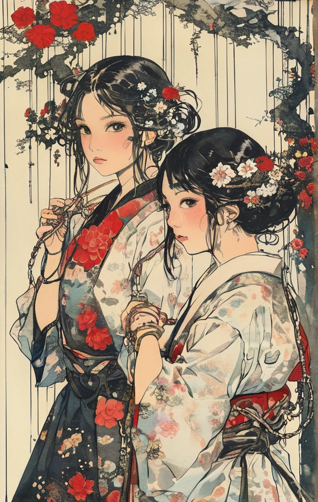 japanese line art , two girls in a garden tying each other up with chains and rope, knots, bdsm , floral damask background , in the style of takato yamamoto