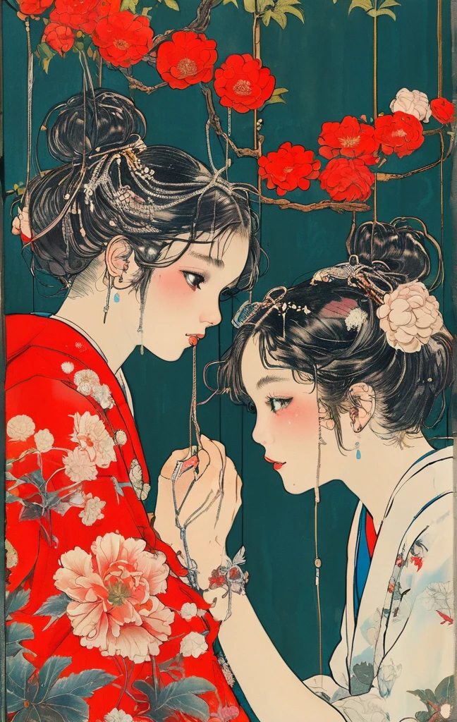 japanese line art , two school girls in a garden tying each other up with chains and rope, knots, bdsm , floral damask background , in the style of takato yamamoto
