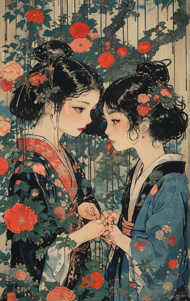 japanese line art    , two school girls in a garden tying each other up with chains and rope, knots, bdsm , floral damask background ,  in the style of  takato yamamoto   