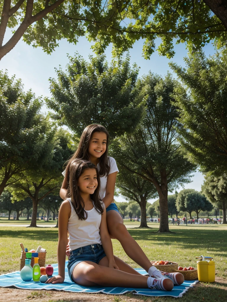 Italy. Italian people. Generate a highly realistic image of two 12-year-old Italian girls and one 7-year-old sister enjoying a relaxing day in an Italian park. They are lounging on a grassy area, dressed in casual summer outfits: mini shorts and light tops. The first **************** is reclining on her back, propped up on her elbows, with a relaxed and cheerful expression as she watches the younger sister play. The second 11-year-old is sitting with her legs stretched out, holding a book or sketchpad, with an interested and engaged look.

The 7-year-old sister is kneeling nearby, playing with a small toy or drawing on a portable chalkboard, her expression filled with concentration and joy. The park scene reflects a typical Italian setting with Mediterranean elements like tall cypress trees, vibrant flowerbeds, and classical stone benches. The background can include elements like a distant fountain, historical buildings or statues, and a few people enjoying the park, adding to the lively atmosphere. Ensure the sunlight is warm and natural, casting soft highlights and shadows that bring out the colors of their outfits and the surrounding greenery.

Include details such as a colorful picnic blanket, a water bottle, and perhaps a small picnic basket or a few snacks to enhance the realism. Their features should reflect their Italian heritage, with warm skin tones, expressive eyes, and dark hair. The girls' interactions should reflect a sense of sibling bonding and enjoyment, fitting the serene and culturally rich park setting in Italy.
