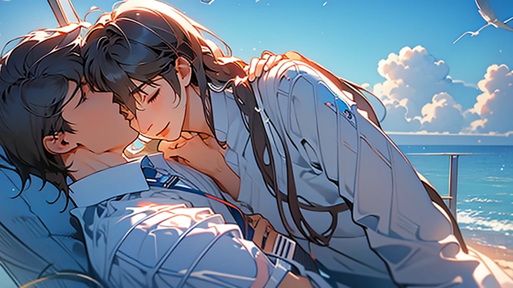 highest quality、masterpiece、A couple、One man and one woman、Summer、seaside、cool、Blue sky and white clouds、intimate interaction
