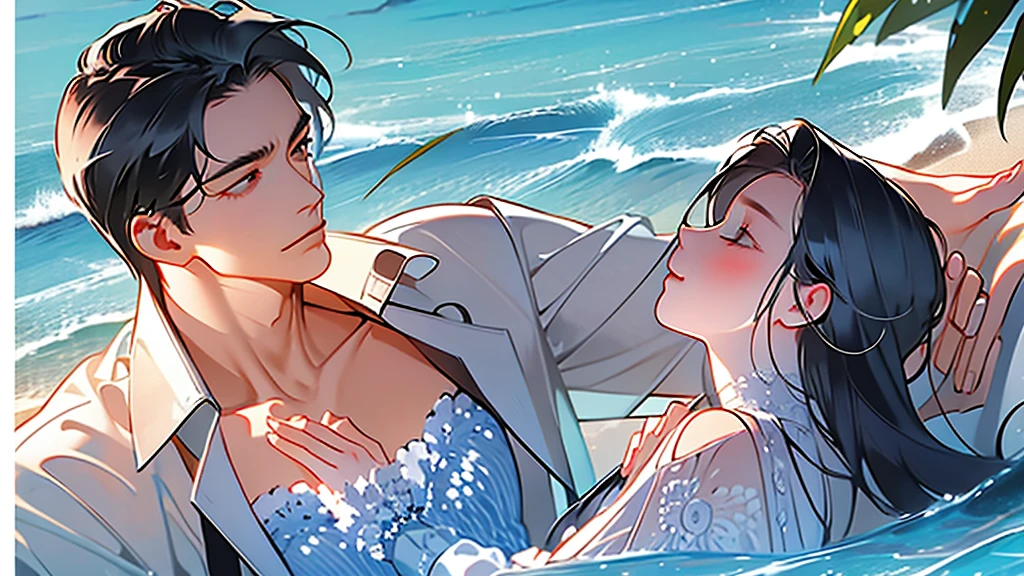 highest quality、masterpiece、A couple、One man and one woman、Summer、seaside、cool、Blue sky and white clouds、intimate interaction