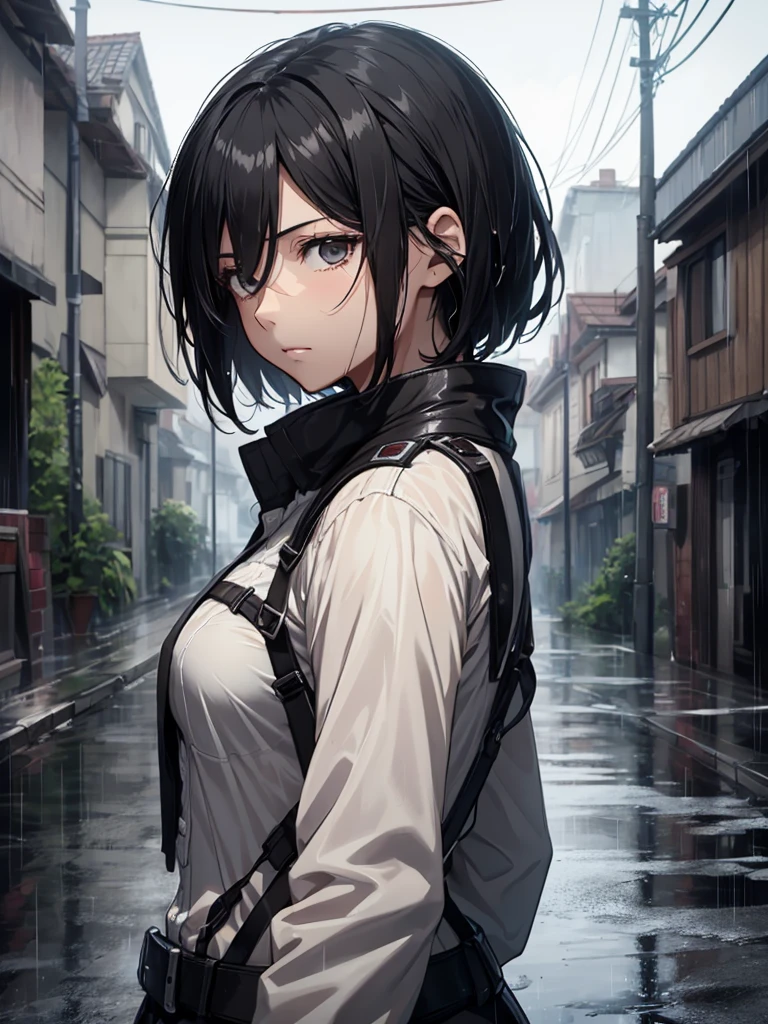 Mikasa, 1girl, wearing a wet clothes, at rain, sad mood, wet cloths, black short hair, 8k, high detailed, high quality
