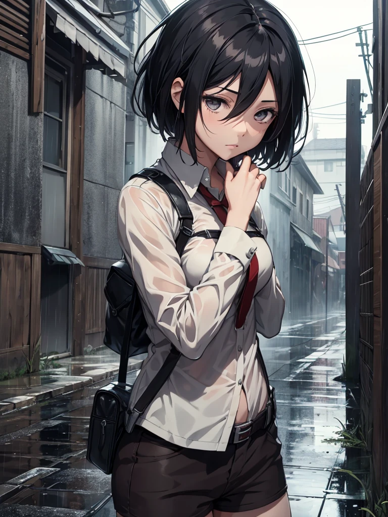 Mikasa, 1girl, wearing a wet clothes, at rain, sad mood, wet cloths, black short hair, 8k, high detailed, high quality
