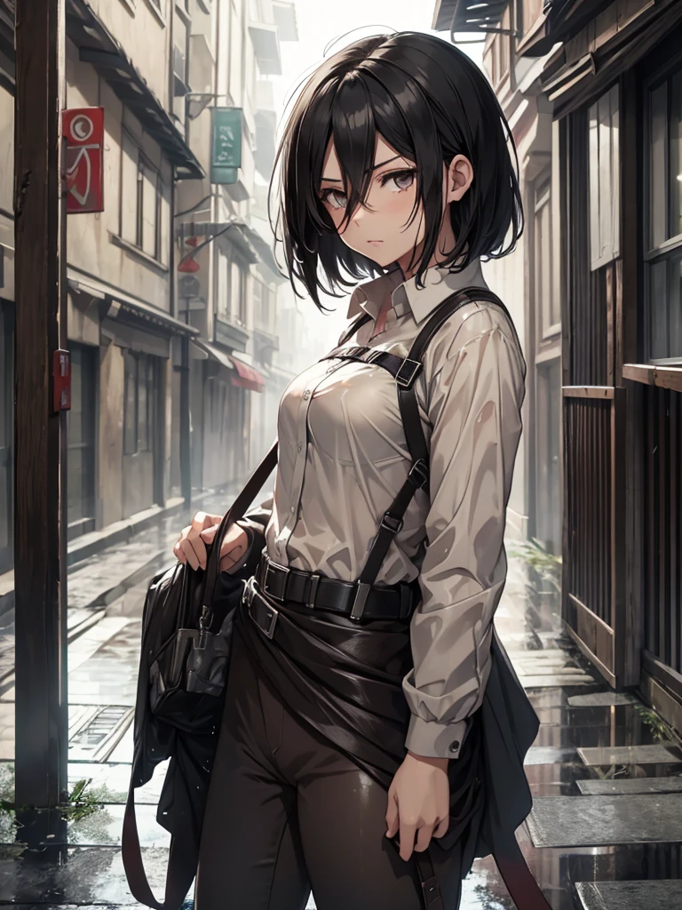 Mikasa, 1girl, wearing a wet clothes, at rain, sad mood, wet cloths, black short hair, 8k, high detailed, high quality
