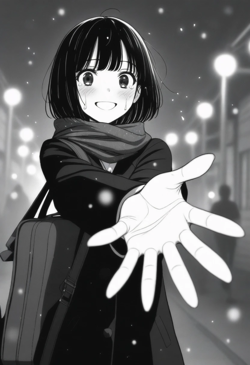 masterpiece, best quality, 1girl, mamerakkkkko, grayscale, manga style, japanese, chi no wadachi, black eyes, street, iced, black hair, schoolbag, smile, lineart, black coat, black scarf, black pleated skirt, leggins, centered, 18 years old, tall, fair skinned, bokeh background, crying, tears, tears streaming, bob cut, light particles, centered, snowing, (((reaching out left hand to viewer, perfect hand, detailed hand:1.1)), emotional anime scene, very aesthetic, best quality, ultra high quality), absurdres