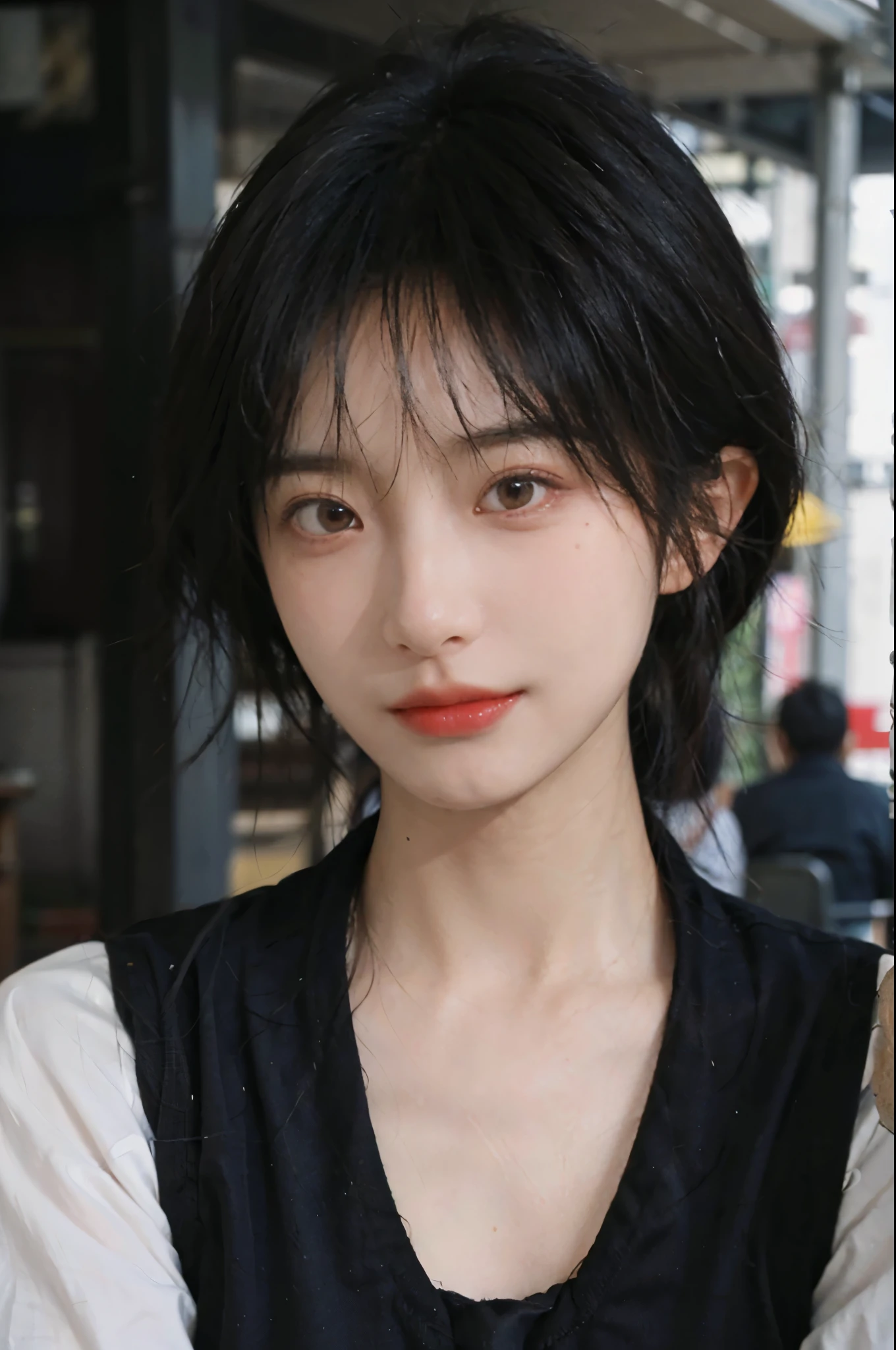 (Skin details:1.4), (smooth skin textures:1.3), Lipstick, background, Direct vision, earrings, serene, calm, (Realistic and detailed eyes:1.2), Natural skin texture, Realistic facial details, Soft dramatic lighting, Vivid details, 35 mm film, outdoor, (Photo Practical:1.4), (hyper Practical:1.4), (Practical:1.3), (Smoother lighting:1.05), (Improve lighting quality:0.9), (Highest quality real skin textures:1.4), Exquisite eyes, Delicate face, Close-up of face, (Enhance the beauty of skin texture:1.1), Hair details, Vest,normal body ratio, short hair, Moles under the eyes, thinking, A faint smile,公园background,Portrait Photography, Depth of Field, Bokeh, Surrealism, Ray Tracing, (Portrait Photography:1.1), Surrealism, High Detail, Chiaroscuro, Ray Tracing, reflected light, Ultra HD, Ultra HD, masterpiece, Textured Skin, Super Detail, High Detail, high quality, best quality