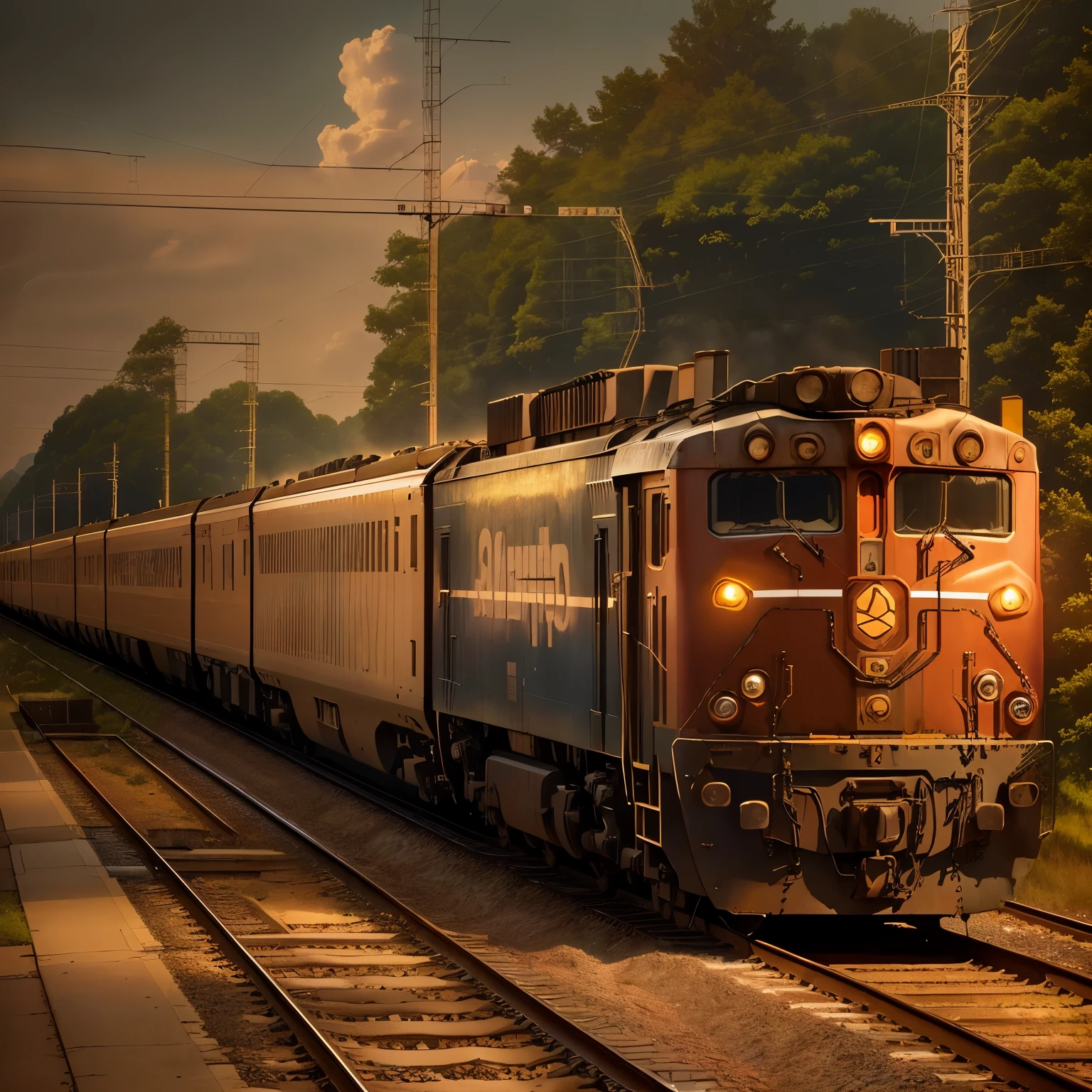 arafly long train on the tracks with trees in the background, train, 2000s photo, photos, trains, perfect scene, by Joe Stefanelli, by Douglas Shuler, by Carey Morris, single line, by David Palumbo, by Pamela Drew, by Wayne England, upon a peak in darien, craigville