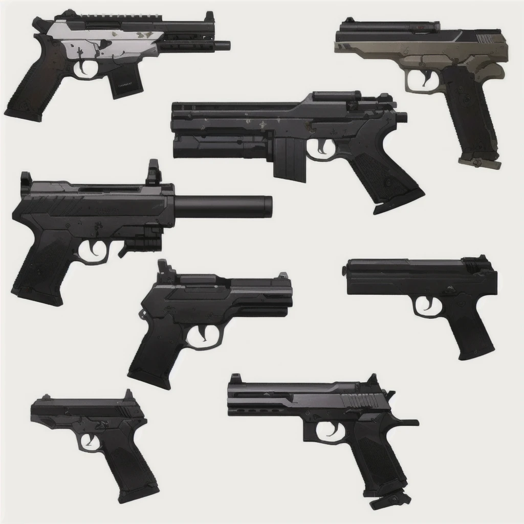 a group of six different types of gun on a white background, realistic weapons, realistic gun, Lots of weapons, weaponsコンセプトデザイン, Product photo from Gun Magazine, handgun, リアルなgunのデザイン, pistol, weapons concept art, movie gun器, gun器 photography, gun器, Weapon concept art, Realistic Weapons, 軍事weapons, gun, weapons, Pickle Range