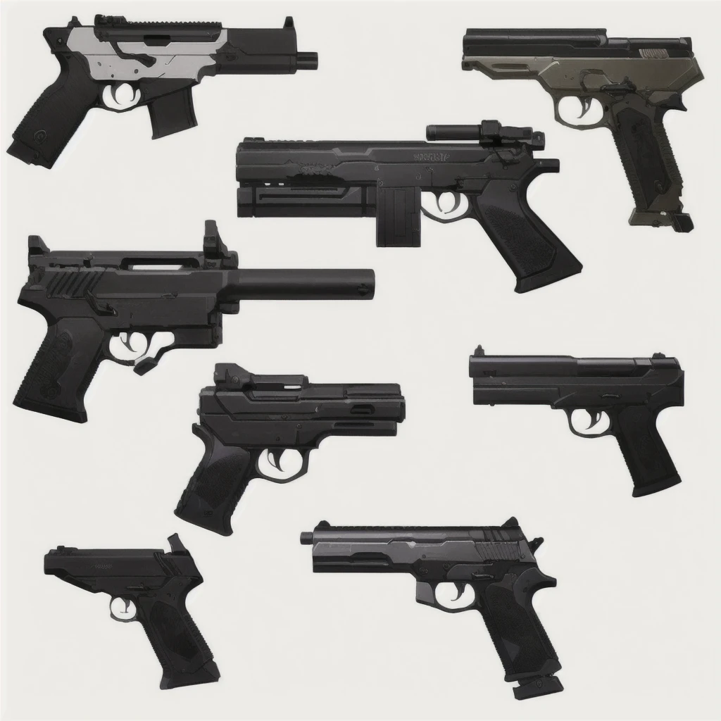 a group of six different types of gun on a white background, realistic weapons, realistic gun, Lots of weapons, weaponsコンセプトデザイン, Product photo from Gun Magazine, handgun, リアルなgunのデザイン, pistol, weapons concept art, movie gun器, gun器 photography, gun器, Weapon concept art, Realistic Weapons, 軍事weapons, gun, weapons, Pickle Range