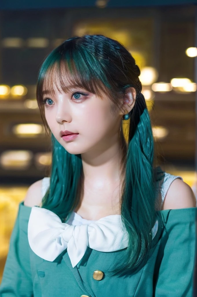 masterpiece)), ((best quality)), (ultra-detailed), ((kawaii)), cute, (lovely), ((extremely detailed)), 4K, (8K), best quality, (beautiful), dynamic angle, city, town, night, a cute girl, solo, beautiful turquoise green hair, (beautiful eyes), sailor suit,