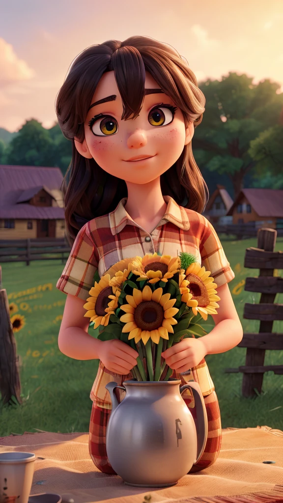 a picnic scene in a rural field, a checkered blanket on the grass with a bouquet of sunflowers and a cup of coffee, beautiful detailed eyes, beautiful detailed lips, extremely detailed eyes and face, long eyelashes, (best quality,4k,8k,highres,masterpiece:1.2),ultra-detailed,(realistic,photorealistic,photo-realistic:1.37),HDR,UHD,studio lighting,ultra-fine painting,sharp focus,physically-based rendering,extreme detail description,professional,vivid colors,landscape,warm color tones,soft natural lighting
