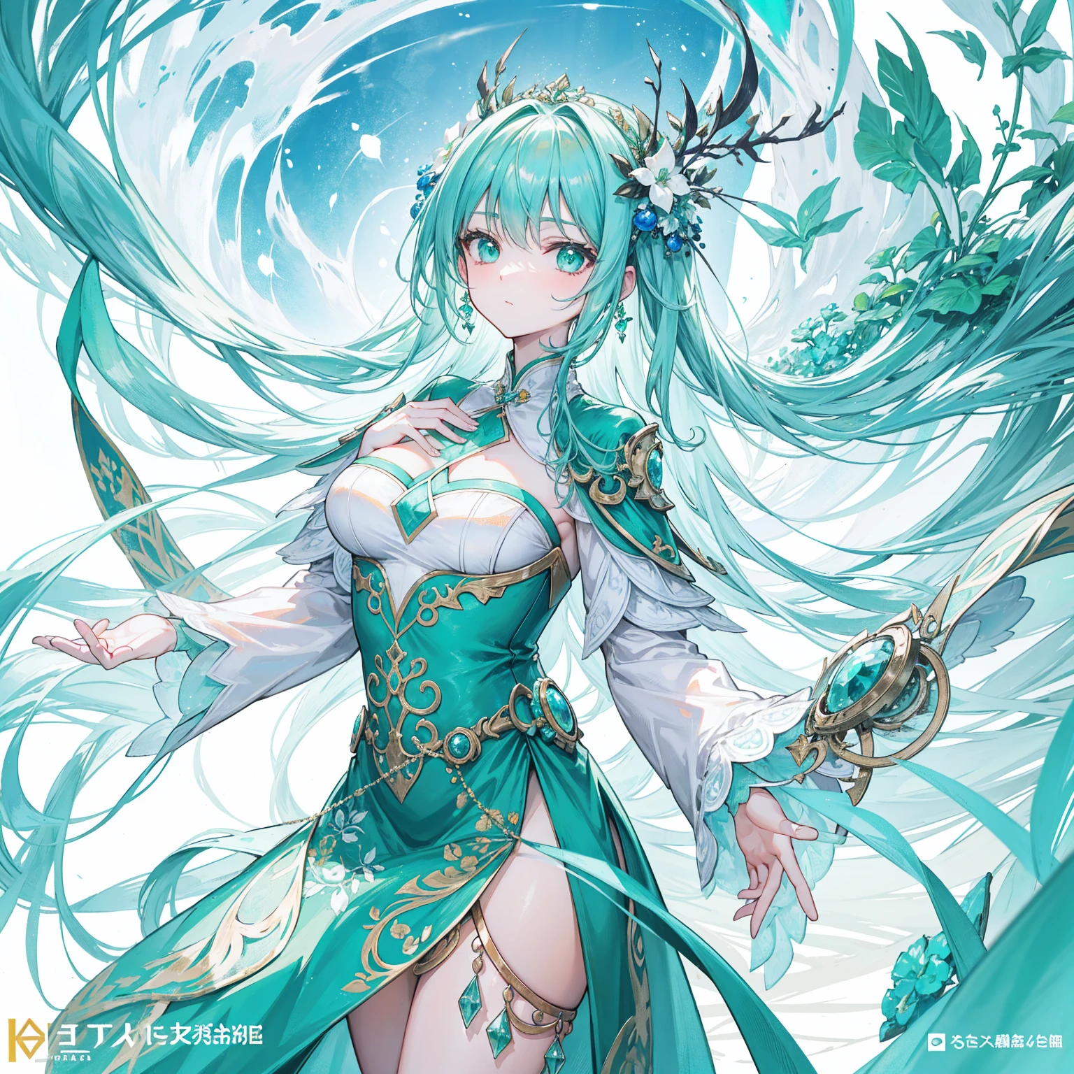 Title "Continent of Douluo" with several green soul rings.,This is a beautiful sister,Color scheme turquoise-emerald-white,Known as the Plant Fairy
