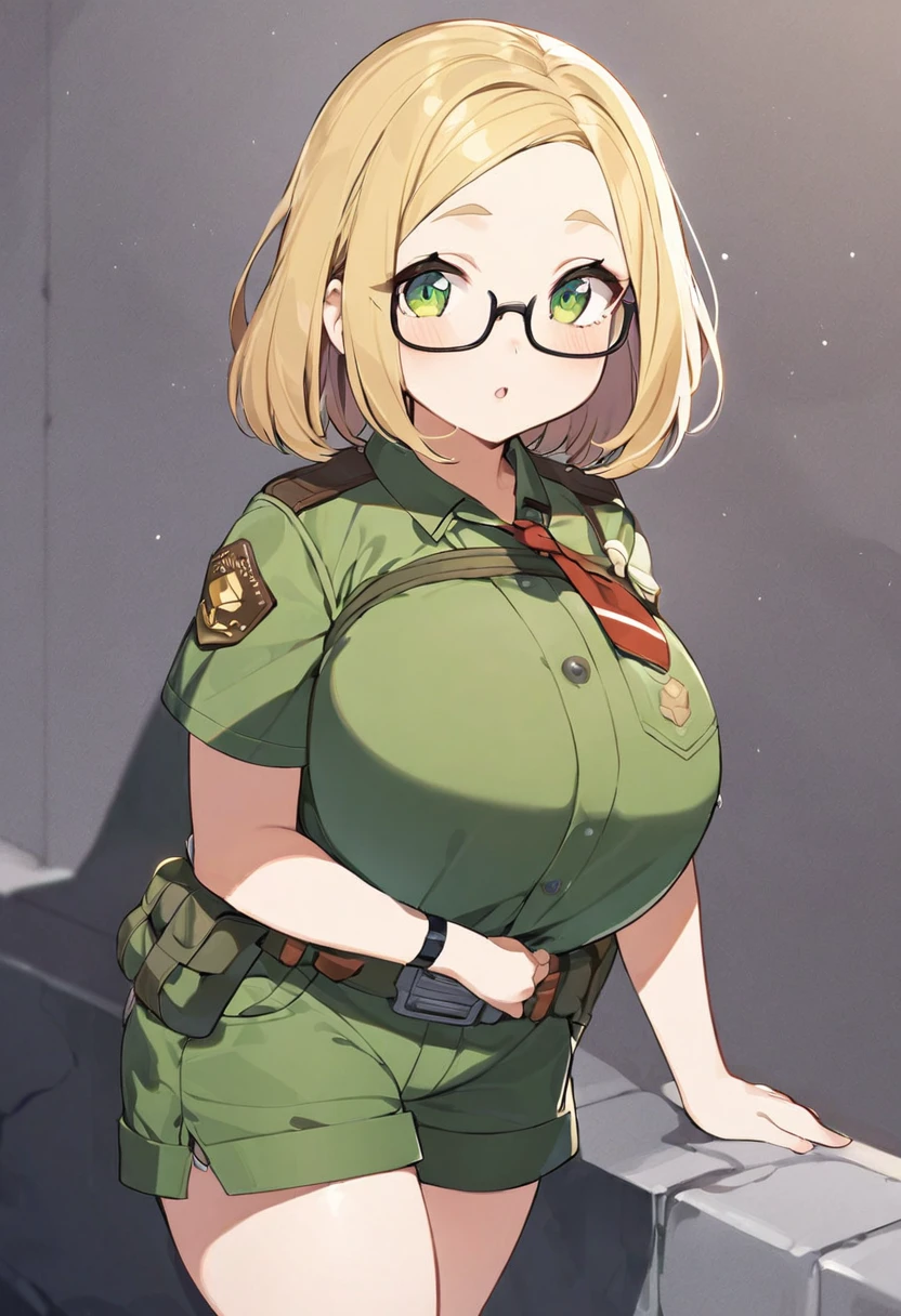 chubby girl, blonde, green eyes, medium length hair, open forehead, no bangs, square-rimmed black glasses, short green shorts, shorts, shirt, green shirt, short sleeves, scout clothing style