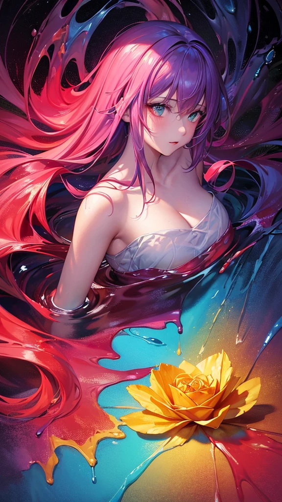 Abstract, (Simple water splash:0.6),((Colorful portrait 1 girl)), (Shiny Veins), (((Paint Splash))), ((lomasterpiece:1.2)), Best Quality, (Bright scarlet rose:1.4), masterpiece, High resolution, unrealistic, Highly detailed wallpaper, Perfect Lightning, Absurd, (Extremely detailed CG:1.2), Vivid details