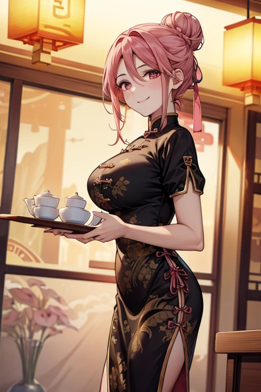 Highest quality,Masterpiece,8K,China Long Dress,Big Breasts,Best Style,Droopy eyes,Bright smile,Pink Hair,Hair Bun,Chinese restaurant,waiter,From the thigh up,Are standing