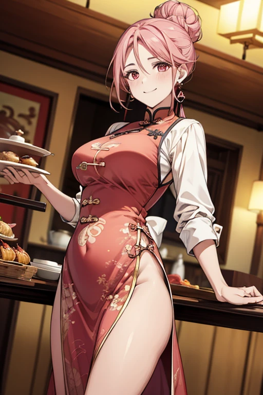 Highest quality,Masterpiece,8K,China Long Dress,Big Breasts,Best Style,Droopy eyes,Bright smile,Pink Hair,Hair Bun,Chinese restaurant,waiter,From the thigh up,Are standing