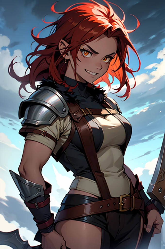 A captivating anime-inspired digital illustration of a fierce halfling barbarian, radiating determination, happyness and courage. She stands with a powerful stance, wielding an enormous axe, smiling with vampiric teeth. Her eyes glimmer with intensity, and her messy red hair is contrasted by a striking yellow eye. Clad in brown fur and leather armor, she's prepared for battle. The stormy background of ominous clouds further enhances the fantasy atmosphere. This striking character portrait would be a breathtaking addition to a Dungeons & Dragons campaign.