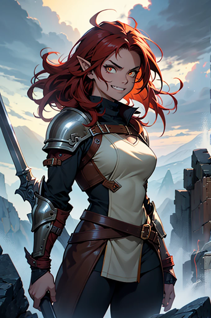 A captivating anime-inspired digital illustration of a fierce halfling barbarian, radiating determination, happyness and courage. She stands with a powerful stance, wielding an enormous axe, smiling with vampiric teeth. Her eyes glimmer with intensity, and her messy red hair is contrasted by a striking yellow eye. Clad in brown fur and leather armor, she's prepared for battle. The stormy background of ominous clouds further enhances the fantasy atmosphere. This striking character portrait would be a breathtaking addition to a Dungeons & Dragons campaign.