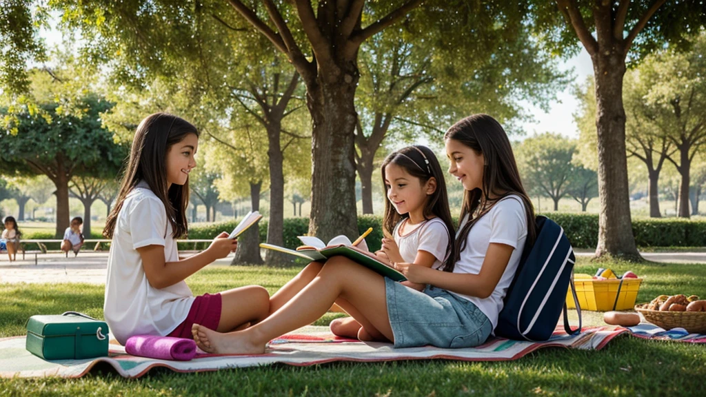 Italy. Italian people. Generate a highly realistic image of two -yeld sm brests Italian teenager and one 9-year-old er ening a relaxing day in an Italian park. They are lounging on a grassy area, dressed in casual summer outfits: mini shorts and light tops. The first 13-year-old girls rning her back, propped up on her elbows, with a relaxed and cheerful expression as she watches the younger sister play. The second 13-year-old is sitting wi hegs stched out, holding a book or sketchpad, with an interested and engaged look.

The 9-year-old sister is kneeling nearbyayingth a small toy or drawing on a portable chalkboard, her expression filled with concentration and joy. The park scene reflects a typical Italian setting with Mediterranean elements like tall cypress trees, vibrant flowerbeds, and classical stone benches. The background can include elements like a distant fountain, historical buildings or statues, and a few people enjoying the park, adding to the lively atmosphere. Ensure the sunlight is warm and natural, casting soft highlights and shadows that bring out the colors of their outfits and the surrounding greenery.

Include details such as a colorful picnic blanket, a water bottle, and perhaps a small picnic basket or a few snacks to enhance the realism. Their features should reflect their Italian heritage, with warm skin tones, expressive eyes, and dark hair. The girls' interactions should reflect a sense of sibling bonding and enjoyment, fitting the serene and culturally rich park setting in Italy.
