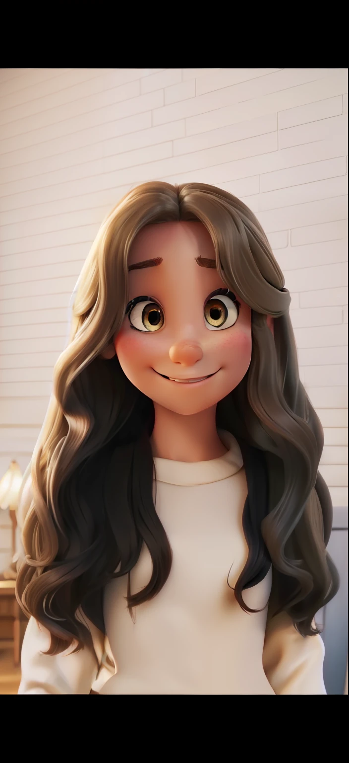 best qualityer)), ((work of art)), (detailded), ( disney pixar style), long wavy hair with blonde highlights at the front of the hair, slightly slanted brown eyes, smiling with your mouth closed