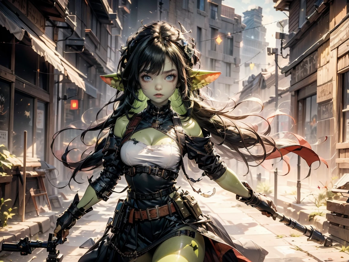 ((best quality)), ((masterpiece)), (detailed), goblin girl, (green skin), shortstack, wearing military gear, holding grenade launcher, manic, pyromaniac, acrion shot, dynamic pose, cinematic still, firing at a target building, explosions, long black hair blowing back, manic expression, crazed expression, wide stance, crazy, anarchist, gritting teeth, happy, loves causing destruction