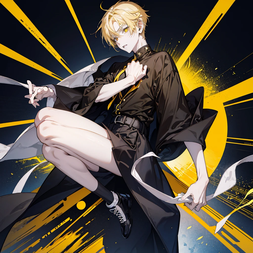 Anime tall blond guy, yellow pupils, slightly pale skin sharp teeth, small ear piercing, black himself, black jeans with holes in the knees, Black sneakers, Background Night City