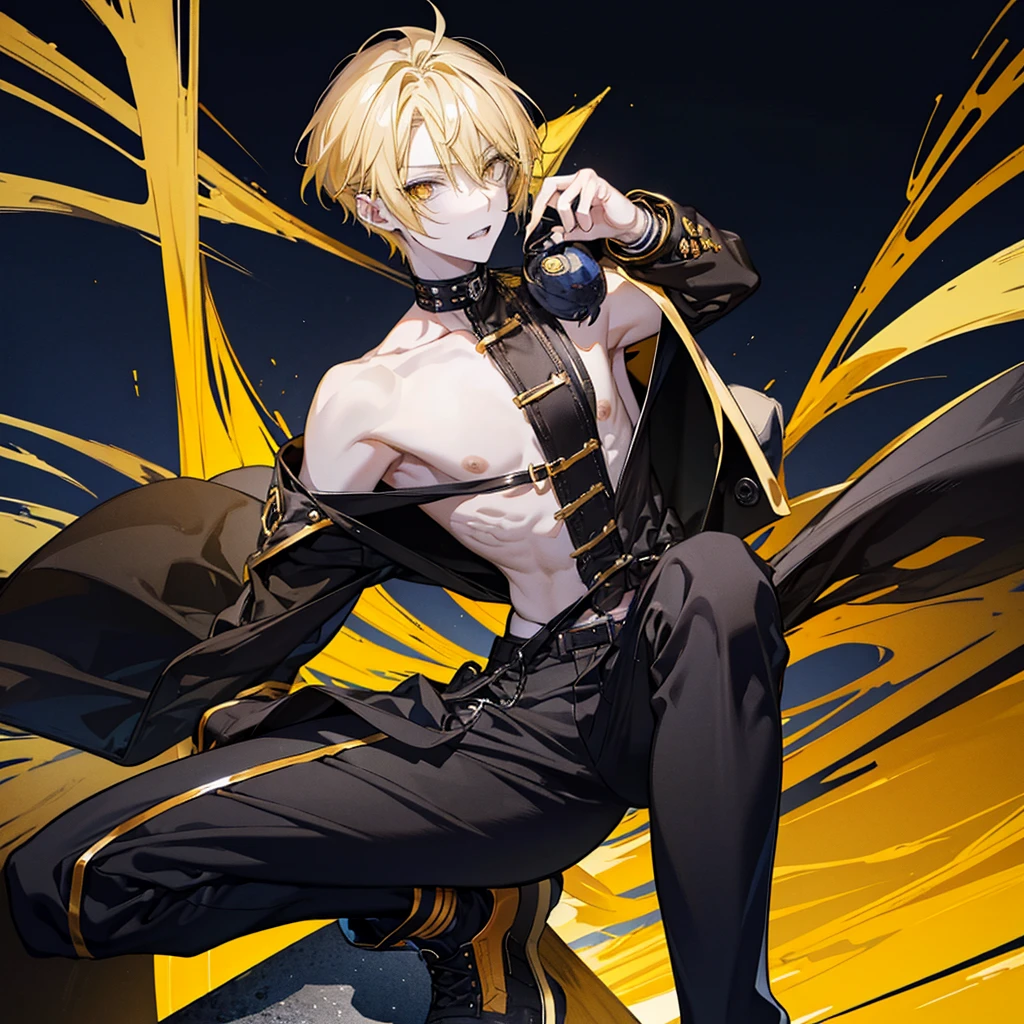 Anime tall blond guy, yellow pupils, slightly pale skin sharp teeth, small ear piercing, black himself, black jeans with holes in the knees, Black sneakers, Background Night City