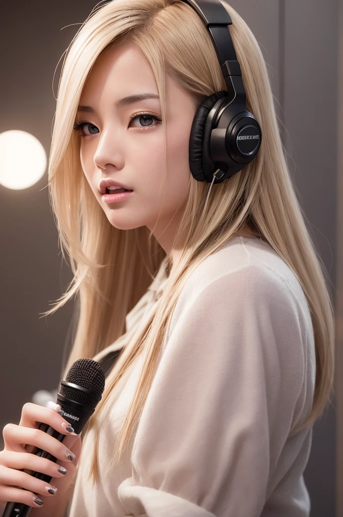 "Blonde Japanese woman, resembling Happy Sakura, elegant and captivating appearance, intricate details, high quality, (luxury:1.4), ultra-realistic 8K, perfect face, beautiful expression, beautiful eyes, blonde hair, model pose, ultra-realistic 4K, highest image quality, natural light, natural background, stylish clothing, professional artwork, modern style, clean and sophisticated look, holding a microphone and singing, female DJ wearing headphones, operating music equipment" "Blurry image, low resolution, unnatural pose, unbalanced face, noise, excessive editing, inappropriate lighting, anime style, cartoon style, non-realistic texture, excessive saturation, artificial expression, abnormal proportions, unnatural background, low-quality details"