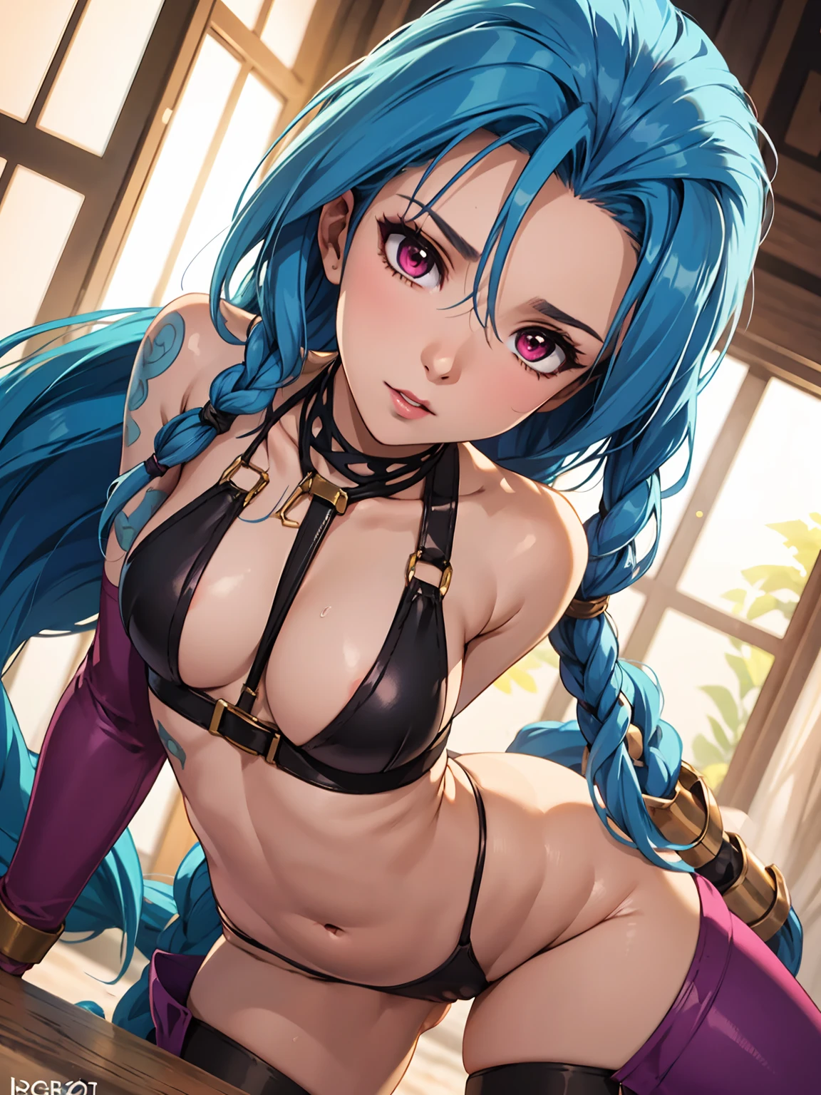 NSFW, erotic,(best quality, masterpiece, colorful, dynamic angle, highest detailed)(Jinx, Legue of Legends, Arcane) professional photo, award winning fashion photography of sexy, intense blue long hair, Jinx Legue of Legends, Arcane, flirting, bokeh, (intricate details, hyperdetailed:1.15), detailed, sunlight passing through hair , planturous woman, large hips, cameltoe, slutty outfit,