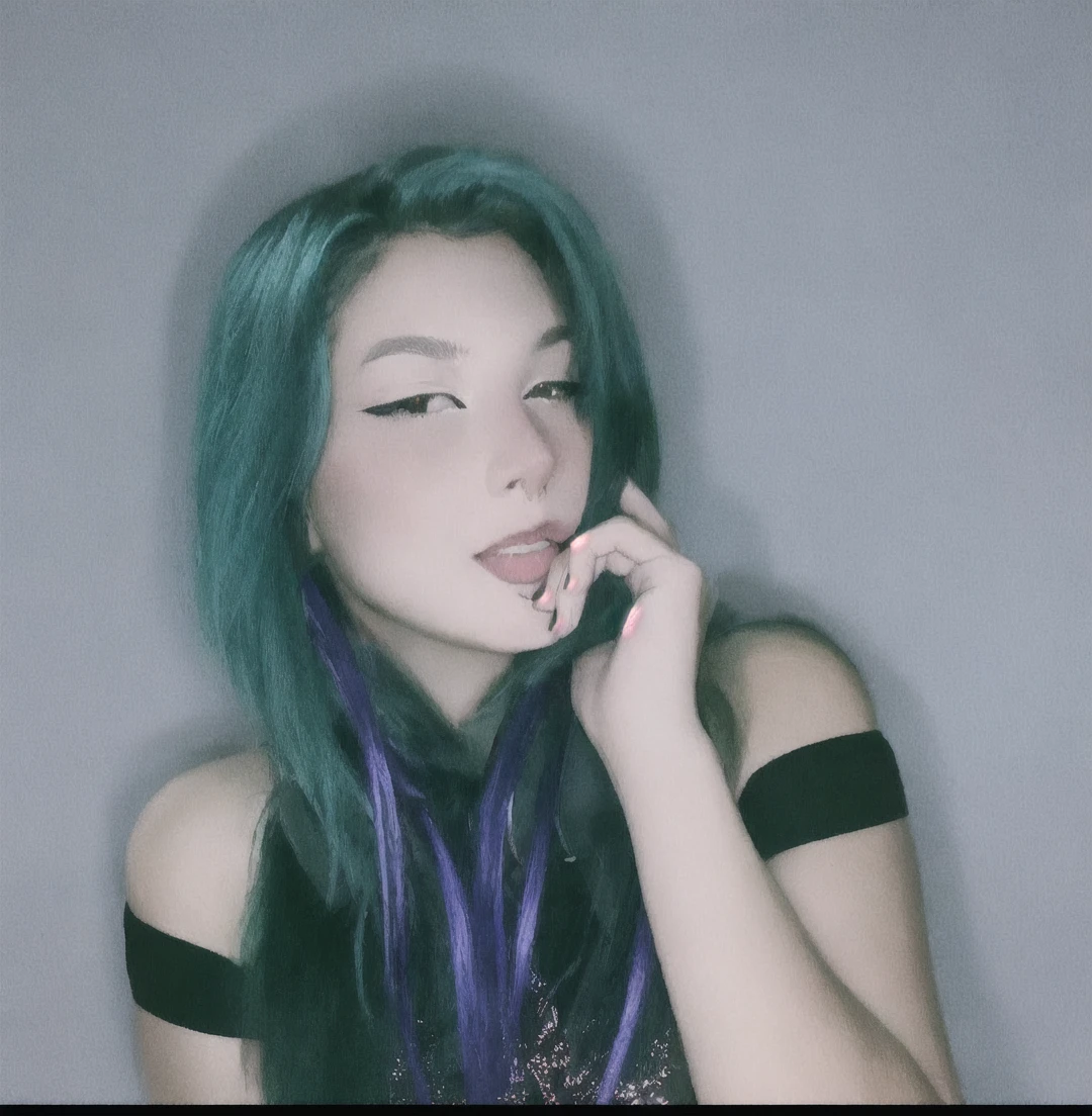 ((best quality)), ((masterpiece)), (detailed), perfect face, perfect hour glass figure, nude  27 year old goth girl with black hair with purple streaks worn in pigtails, nose ring, ear piercings, sitting on the ground, in a circular clearing in a forested area, dramatic angle