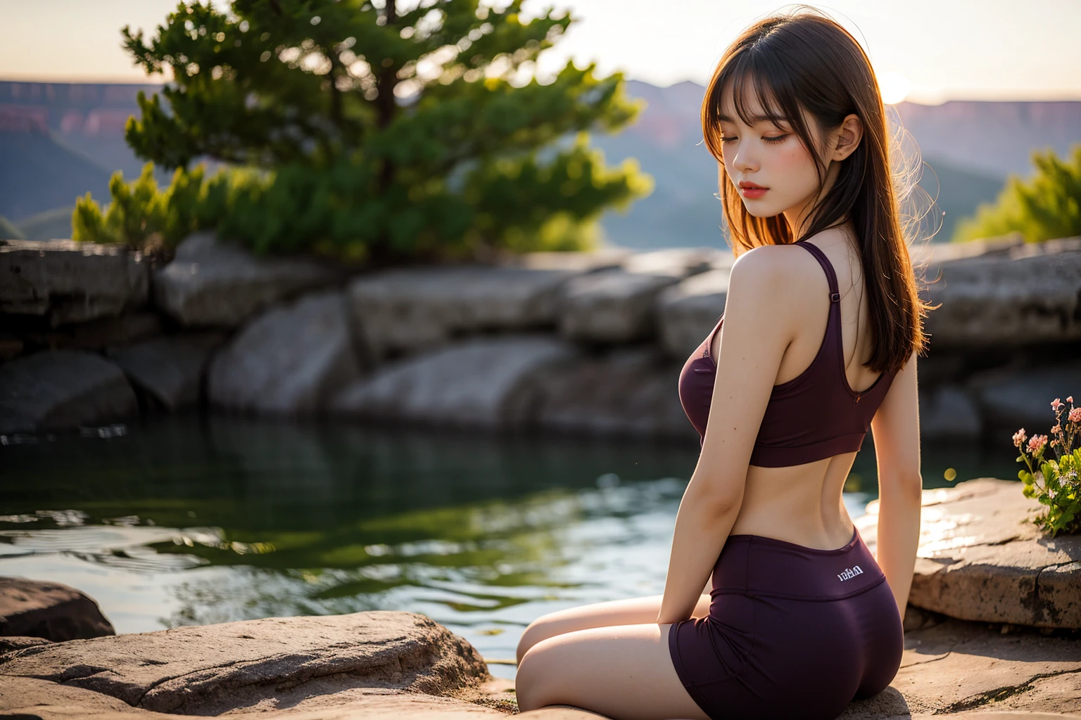 A striking image of a pretty, attractive hawaiian hippie girl in her 20s meditating on the ground at the Grand Canyon during sunset. She sits gracefully, facing forward with closed eyes, exuding deep relaxation and calmness. Dressed in sleek yoga wear, she breathes deeply in and out, feeling happy as the warm hues of the setting sun envelop her, adding to the tranquility of the scene.