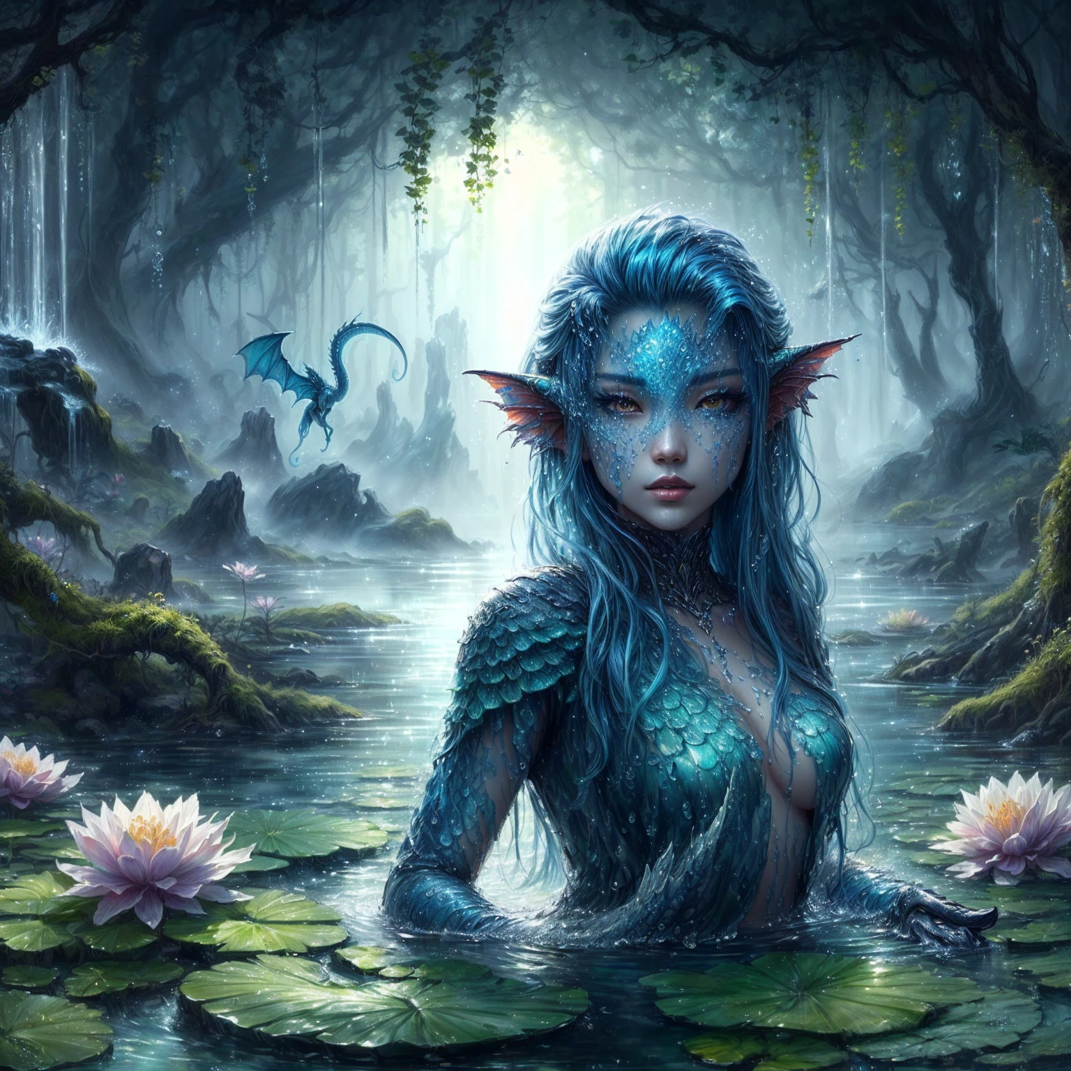 a painting of a woman with blue hair and a dragon in a swamp, water fairy, detailed fantasy digital art, breathtaking fantasy art, beautiful fantasy art, closeup fantasy with water magic, water everwhere fantasy, detailed fantasy art, very beautiful fantasy art, asian female water elemental, amazing fantasy art, nymph in the water, fantasy digital art, water demon
