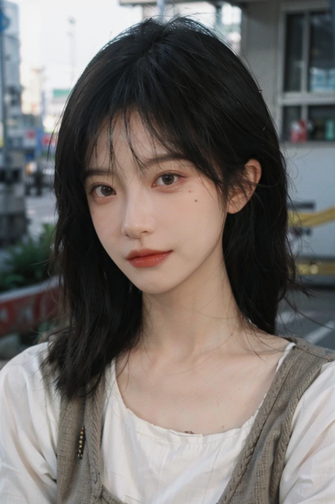 (Skin details:1.4), (smooth skin textures:1.3), Lipstick, background, earrings, serene, calm, (Realistic and detailed eyes：1.2）, Natural skin texture, Realistic facial details, Soft dramatic lighting, Vivid details, 35 mm film, outdoor, (Photo Practical:1.4), (hyper Practical:1.4), (Practical:1.3), (Smoother lighting:1.05), (Improve lighting quality:0.9), (Highest quality real skin textures:1.4), Exquisite eyes, Delicate face, Close-up of face, (Enhance the beauty of skin texture:1.1), Hair details,  normal body ratio, Moles under the eyes, thinking, A faint smile,公园background，Portrait Photography, Depth of Field, Bokeh, Surrealism, Ray Tracing, (Portrait Photography:1.1), Surrealism, High Detail, Chiaroscuro, Ray Tracing, reflected light, Ultra HD, Ultra HD, masterpiece, Textured Skin, Super Detail, High Detail, high quality, best quality