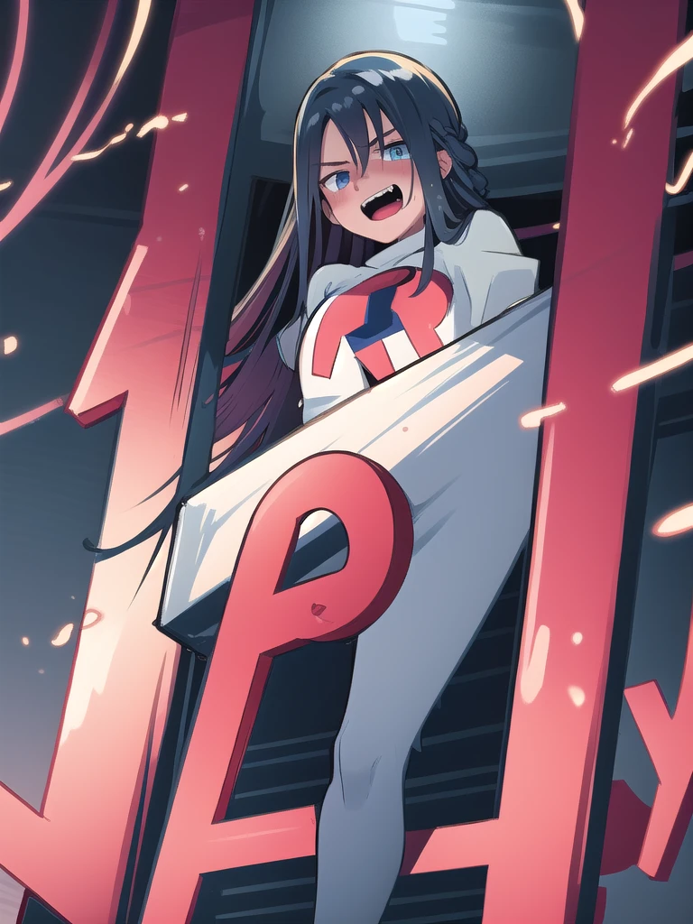 masterpiece, best quality, 1 girl, darkblue hair, long hair, team rocket,team rocket uniform, twitch, slapstick comedy, laugh eyes, laugh open mouth, noodle on head, fuss, sexy, virjin, villain, stupid, electric background,