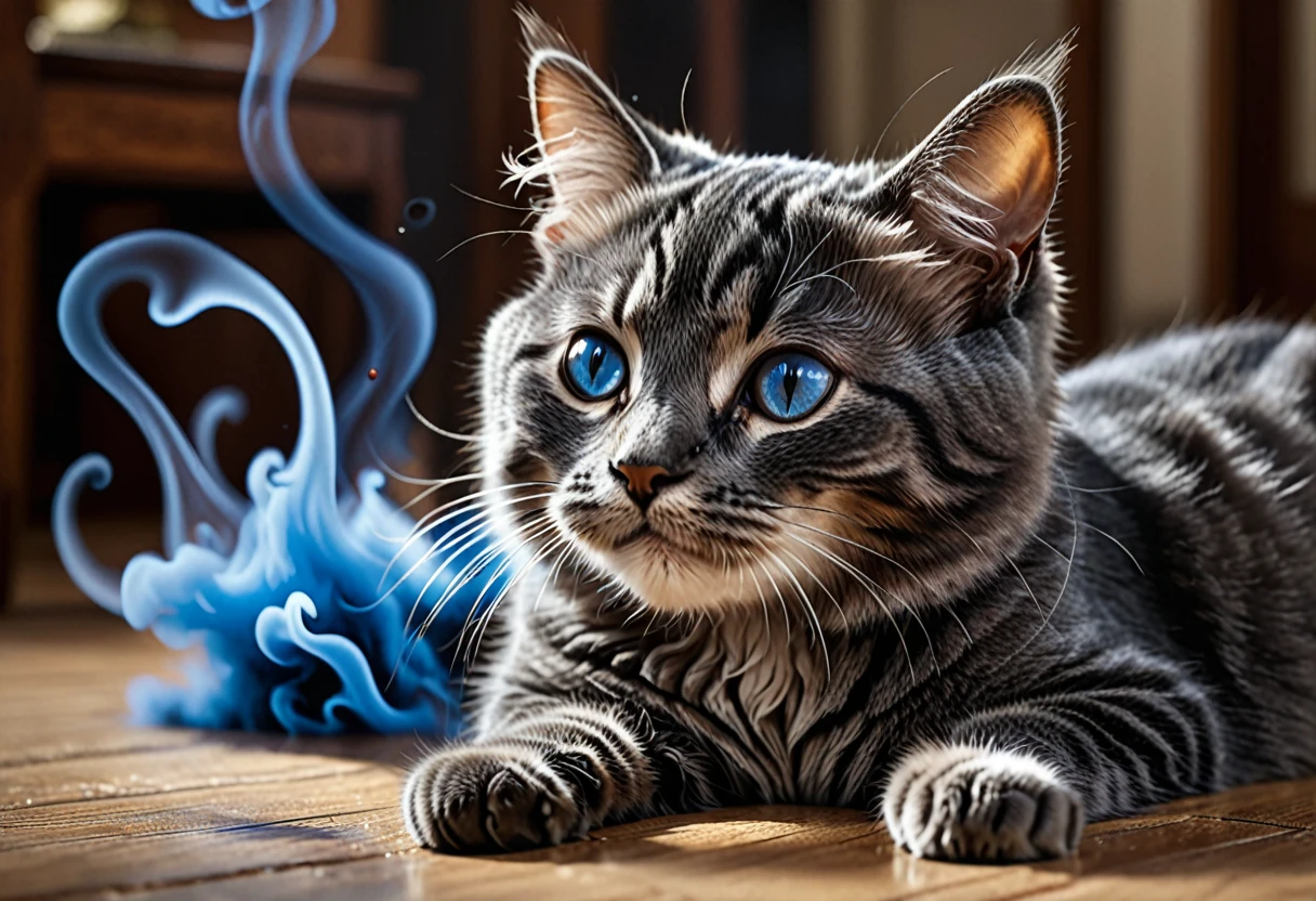 (best quality, 4k, 8k, high resolution, masterpiece: 1.2), ultra detailed, (realistic, photorealistic, photorealistic: 1.37), cutie cat, blue brithness smoke leaving his body. A wonderful award-winning image