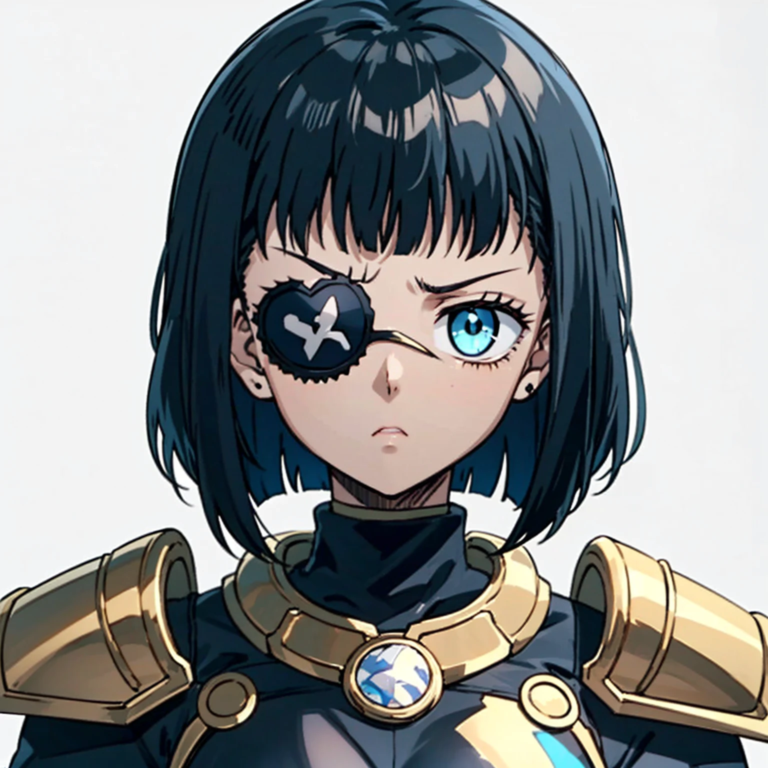 1girl, ((Black skin, Black girl, black skin tone)),short black hair, bob cut, blue eyes, black eyepatch, medium breast, black armor, portrait, simple background, furious expression, looking at the camera, from the front, 4k