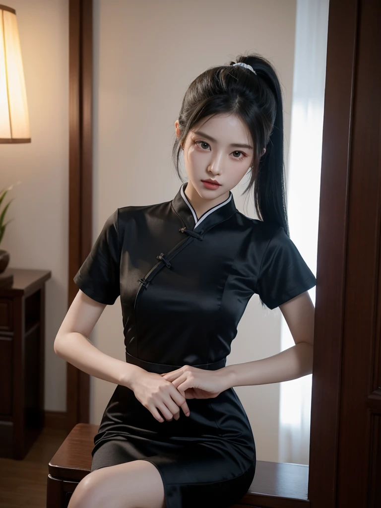 korean model , slim body , 167cm ，Movie Angle，long black ponytails hairstyle, （Cute girl,anatomy correct, long silky chinese qipao with short sleeves，（ art，geomerty），（plethora of colorest quality，high detail，tmasterpiece，Cinematic lighting effects，4K，Chiaroscuro ), chinese home