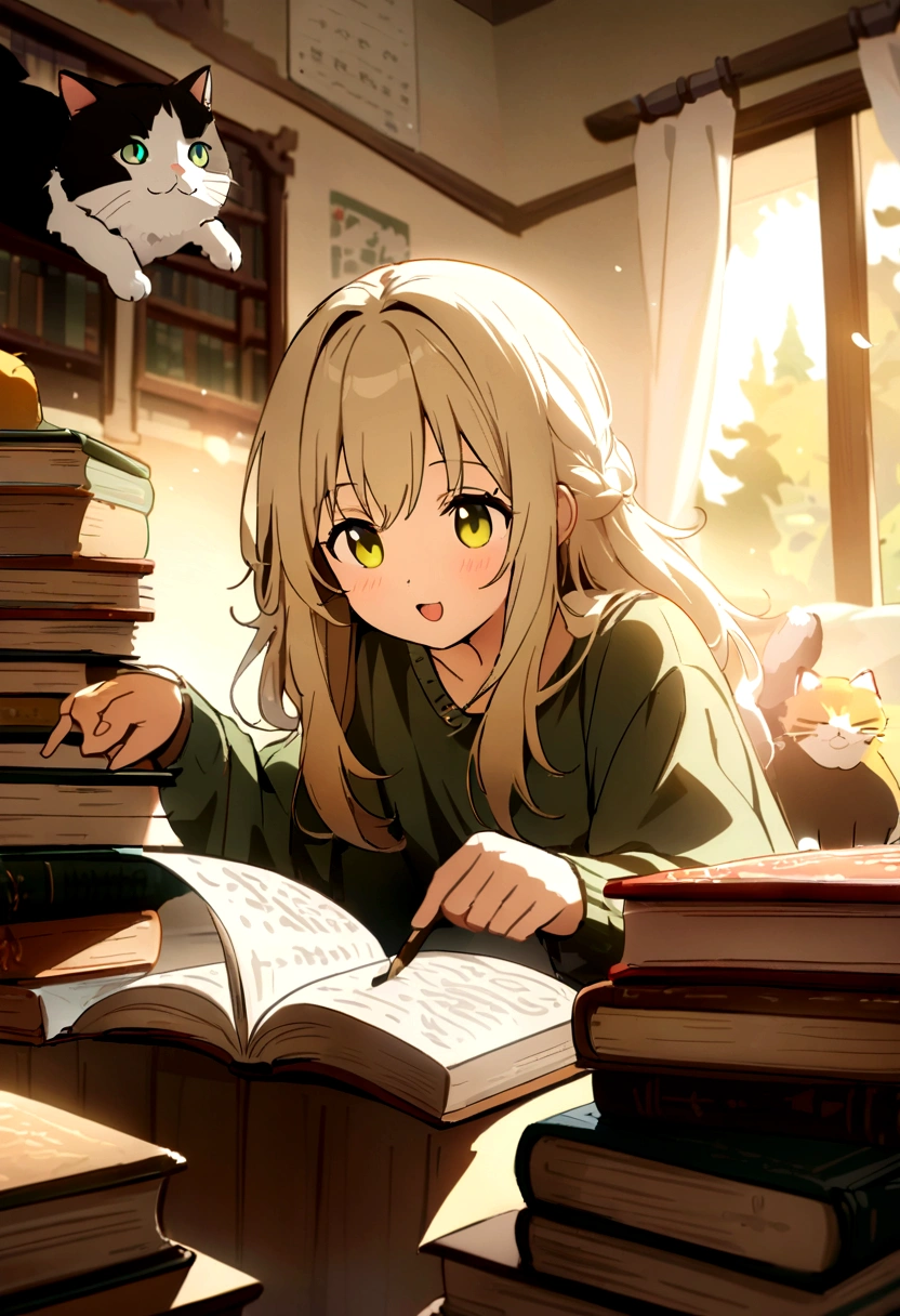 Highest quality、masterpiece、Detailed CG、cute cat、Norwegian Forest Cat、Handwritten style、icon、Yellow-green eyes、A cat sits on a book、(The book is floating in the air)、Books in the air、Flying Book