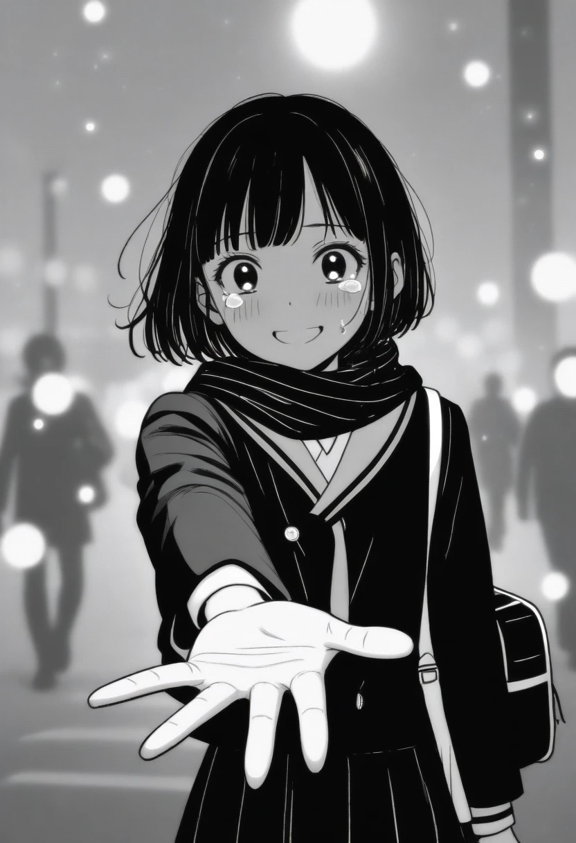 masterpiece, best quality, 1girl, mamerakkkkko, grayscale, manga style, japanese, chi no wadachi, black eyes, street, iced, black hair, schoolbag, smile, lineart, black coat, black scarf, black pleated skirt, leggins, centered, 18 years old, tall, fair skinned, bokeh background, crying, tears, tears streaming, bob cut, light particles, centered, snowing, (((reaching out left hand to viewer, perfect hand, detailed hand:1.1)), emotional anime scene, very aesthetic, best quality, ultra high quality, absurdres
