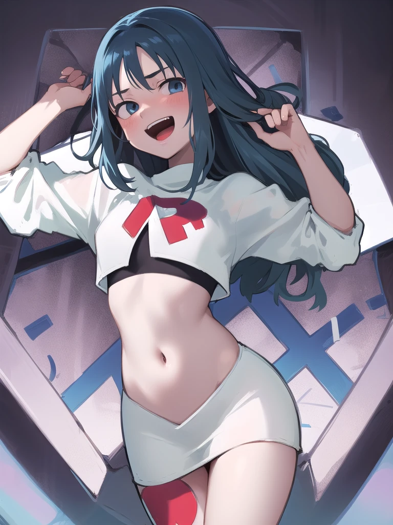 masterpiece, best quality, 1 girl, darkblue hair, long hair, team rocket,team rocket uniform, twitch, slapstick comedy, laugh eyes, laugh open mouth, noodle on head, fuss, sexy, virjin, villain, stupid, electric background,