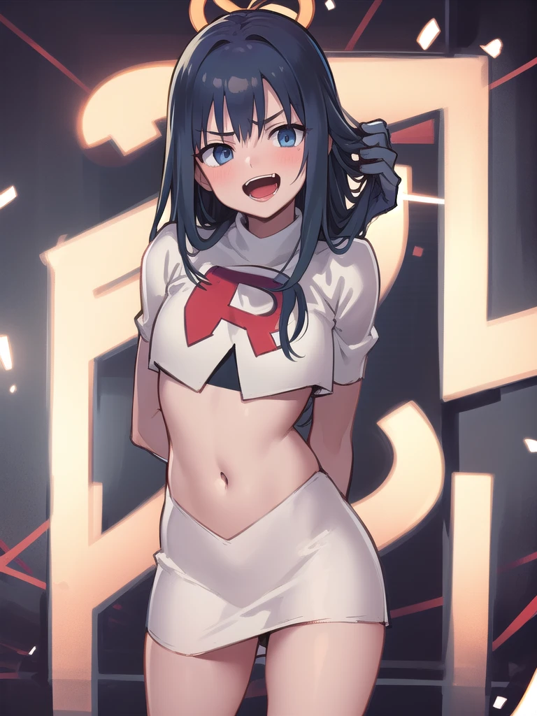 masterpiece, best quality, 1 girl, darkblue hair, long hair, team rocket,team rocket uniform, twitch, slapstick comedy, laugh eyes, laugh open mouth, noodle on head, fuss, sexy, virjin, villain, stupid, electric background,