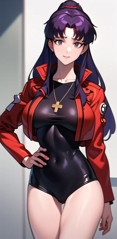 masterpiece, best quality,extremely_detailed_CG_unity_8k_wallpaper,extremely detailed_eyes,,evangelion: 3.0 you can \(not\) redo,1girl, solo, Katsuragi_Misato, brown eyes,indigo hair,big_breasts, cross_necklace ,red jacket, mature female,aged up,upper body,