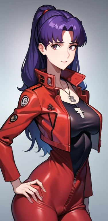 masterpiece, best quality,extremely_detailed_CG_unity_8k_wallpaper,extremely detailed_eyes,,evangelion: 3.0 you can \(not\) redo,1girl, solo, Katsuragi_Misato, brown eyes,indigo hair,big_breasts, cross_necklace ,red jacket, mature female,aged up,upper body,