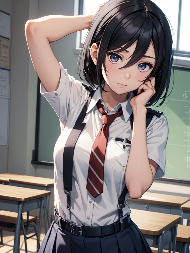 Mikasa, 1girl, as a highschool girl, wearing highschool gurl uniform, at a classroom, white shirt and blue skirt, black short hair, 8k, high detailed, high quality