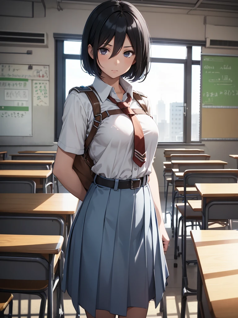 Mikasa, 1girl, as a highschool girl, wearing highschool gurl uniform, at a classroom, white shirt and blue skirt, black short hair, 8k, high detailed, high quality
